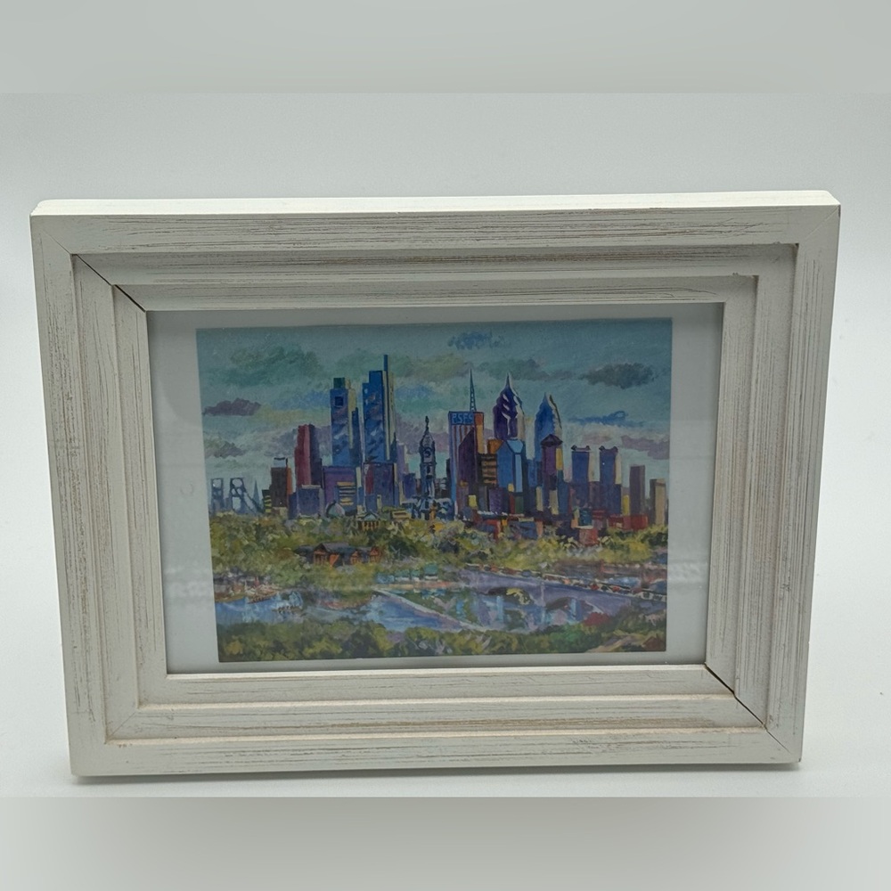 Framed Philadelphia Cityscape Illustration in White Frame